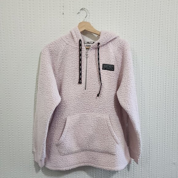PINK Victoria's Secret Light Pink Sherpa Half Zip Hoodie Sweater Size Small - Picture 1 of 12